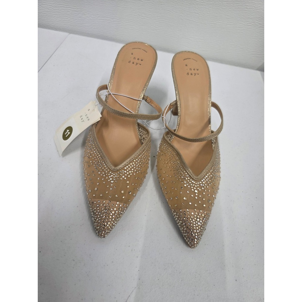 A New Day Womens Gold Rhinestone Mesh Pointed Toe Pumps Stiletto Heels Size 11